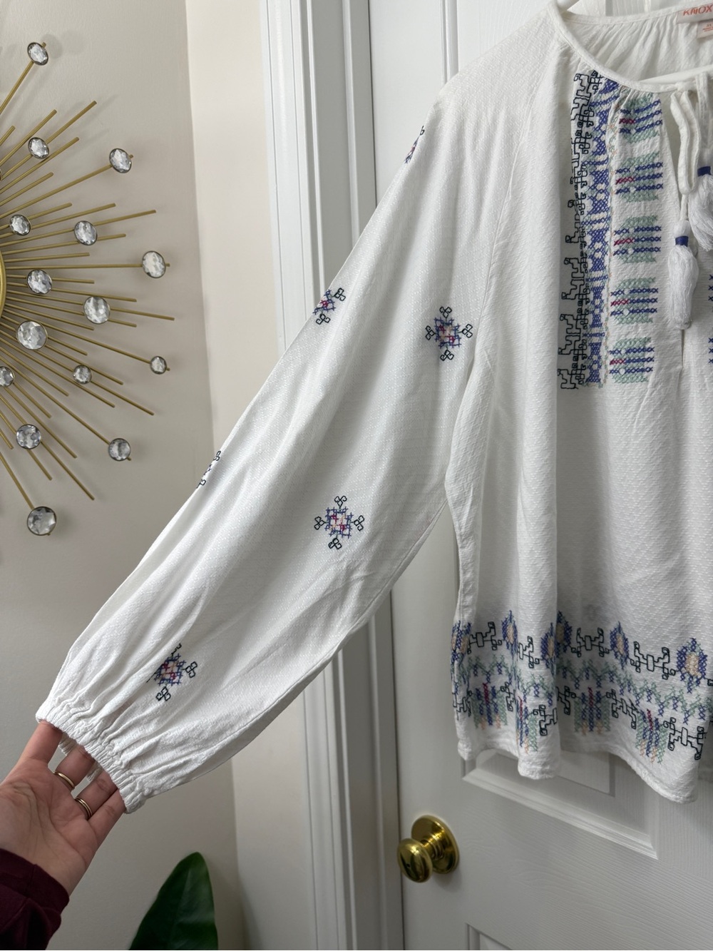 Knox Rose White Embroidered Peasant Tunic with Blue & Pink Accents - Picture 3 of 7